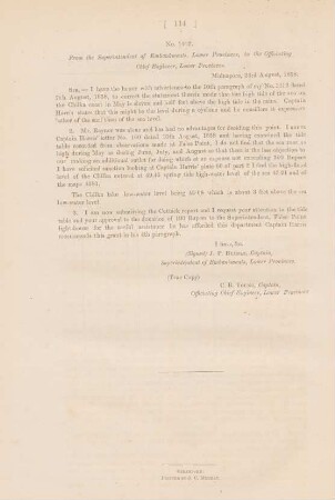 No. 1447. From the superintendent of embankments, lower provinces, to the officaiting chief engineer, lower provinces