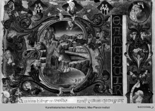 Missale Romanum : Buchseite mit Randbordüre, Text und historisierter Initiale B(eatus vir): König David im Gebet
