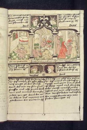 (1) Antitypus: Magdalena zu Christi Füßen; Typen: (2) Davids Reue ; (3) Moses verzeiht Mirjam; (4) Propheten-Brustbilder