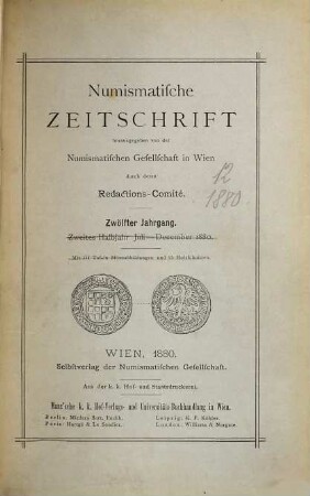Numismatische Zeitschrift. 12. 1880