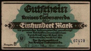 Gutschein des Kreises Liebenwerda über Einhundert Mark