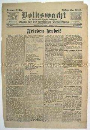 Regionale sozialdemokratische Tageszeitung "Volkswacht" mit der Forderung nach Frieden