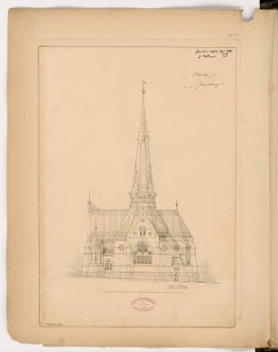 Evangelische Kirche St. Johannis, Eberswalde Monatskonkurrenz Januar 1886: Aufriss Südansicht; Maßstabsleiste
