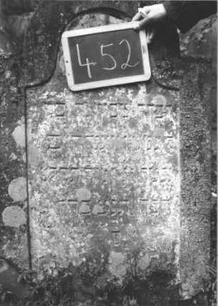 Grabstein 452 (Index: 99895626) Material: Sandstein Zustand: stark bewachsen Maße HxBxT: 124x67x10 cm Beschreibung: Stele mit eingezogenem Rundbogenabschluss: Grabstein 452 (2)