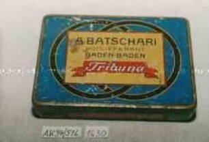 Blechdose für 25 Stück "CIGARETTES Tribuna GOLD TIPPED" A. BATSCHARI HOFLIEFERANT BADEN-BADEN