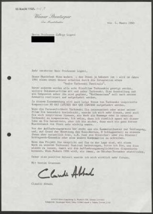 Brief an György Ligeti, 01.03.1990