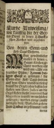 Kurtze Anweisung/ wie künfftig hin der Gottes-Dienst in denen Lübeckischen Kirchen wird anzustellen seyn.