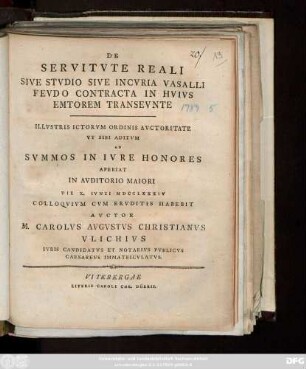 De Servitvte Reali Sive Stvdio Sive Incvria Vasalli Fevdo Contracta In Hvivs Emtorem Transevnte
