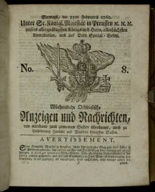 No. 8. Montags, den 25ten Februarii 1760.