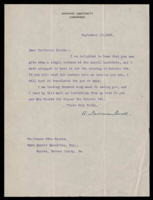 Nr. 6 Brief von Abbott Lawrence Lowell an Otto von Gierke. Cambridge, 15.9.1909