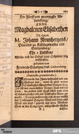 Die Fünff und zwantzigste Abdanckung/ Frau Magdalenen Elisabethen Tit. Herrn M. Johann Neunhertzens...Ehe-Liebsten