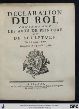 Déclaration Du Roi, Concernant Les Arts De Peinture Et De Sculpture.