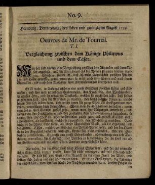 No. 9. Hamburg, Donnerstags, den sieben und zwanzigsten August 1739.