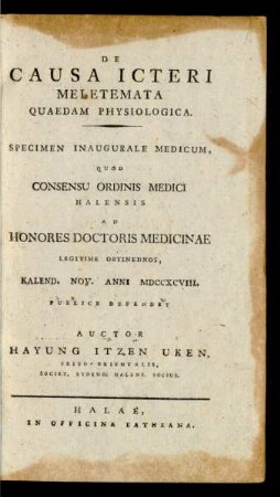 De Causa Icteri Meletemata Quaedam Physiologica : Specimen Inaugurale Medicum