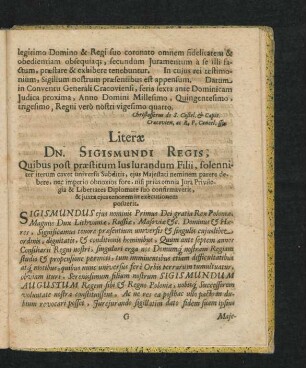 Literae Dn. Sigismundi Regis, Quibus post praestitum Ius Iurandum Filii ...