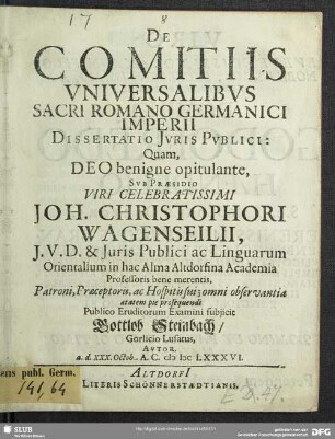 De Comitiis Vniversalibvs Sacri Romano Germanici Imperii Dissertatio Jvris Pvblici