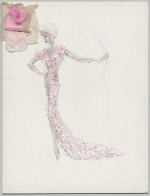 Ein Showkleid ("Blumenkleid") mit Blütenapplikation, Beinschlitz und Schleppe, mit Materialproben (Archivtitel)