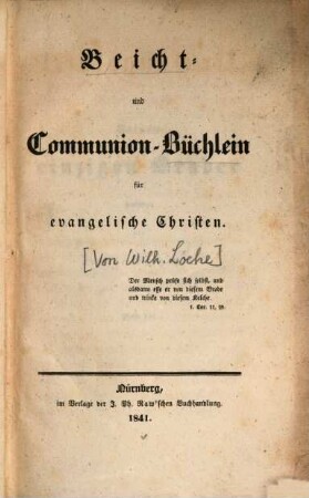 Beicht- und Communion-Büchlein für evangelische Christen