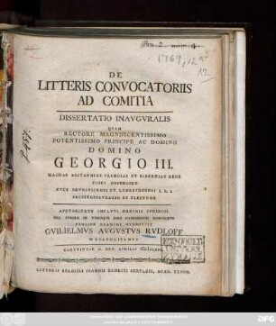 De Litteris Convocatoriis Ad Comitia : Dissertatio Inavgvralis ; Goettingae D. XXV. Aprilis MD LXVII.