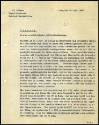 Vermerk; Betr. Archäologische Luftbildaufnahmen