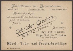 Werbepostkarte Bronzewaren "Gebrüder Greulich“, Adalbertstraße 75