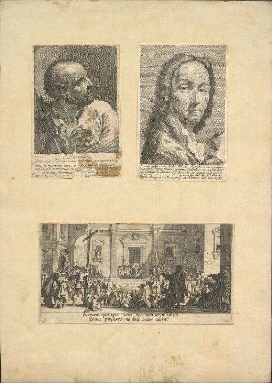 Zwei Porträts und eine Darstellung der Passionsgeschichte (Bl. 5 von 7 der "Grande Passion" von Callot)