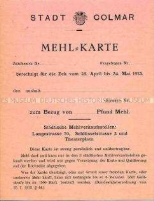 Bezugskarte der Stadt Colmar für Mehl (blanko)