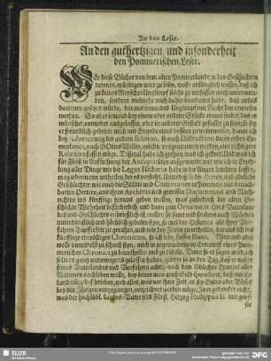 An den guthertzigen, und insonderheit den Pommerischen Leser