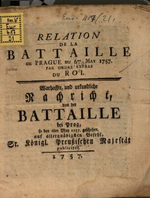 Relation de la bataille de Prague du 6. Mai 1757