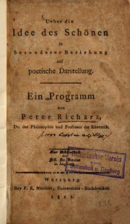 Ueber die Idee des Schönen in besonderer Beziehung auf poetische Darstellung : ein Programm