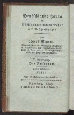 Abth. 5, Bdch. 1,Text: Deutschlands Fauna in Abbildungen nach der Natur mit Beschreibungen. Abth. 5. Deutschlands Insecten. Bdch. 1