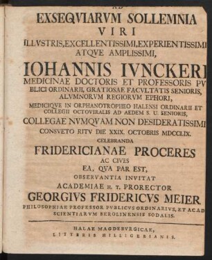 Ad exsequiarum sollemnia ... Johannis Junckeri ... celebranda ... invitat