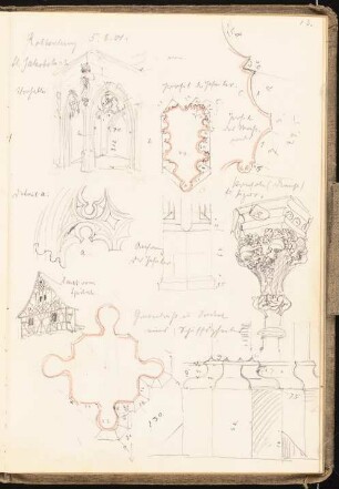 Skizzenbuch 1901: Jakobskirche (Vorhalle, Pfeiler, Kapitelle), Fachwerkhaus in Rothenburg/Tauber, perspektivische Ansichten, Ansichten, Schnitte