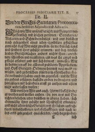 Tit. II. Von den Gerichts-Secretarien/ Protonotarien, derselben Adjunctis und Actuariis.