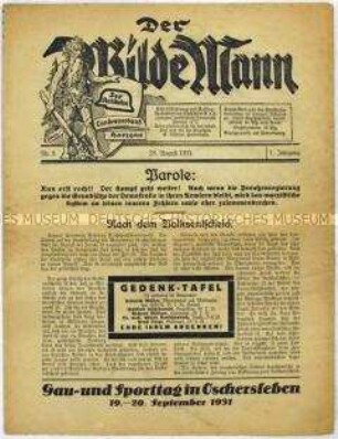 Mitteilungsblatt des Stahlhelm-Landesverbandes Harzgau "Der Wilde Mann" mit einer Gedenktafel für verstorbene Verbandsmitglieder