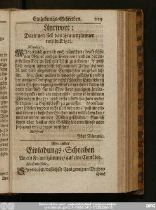 Ein ander Einladungs-Schreiben An ein Frauenzimmer, auf eine Comödie.