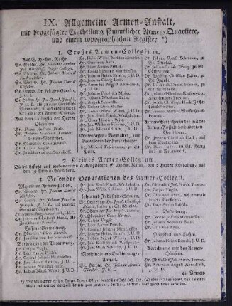 IX. Allgemeine Armen-Anstalt, mit beygefügter Eintheilung sämmtlicher Armen-Quartiere, und einem topographischen Register.