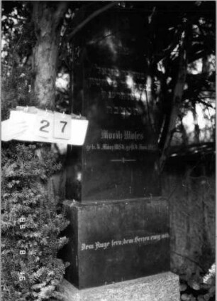 Grabstein 27 (Index: 100086652) Material: Granit Zustand: gut Maße HxBxT: 200x54x28 cm Beschreibung: Stele, getreppter Sockel, Segmentbogenabschluß: Grabstein 27A