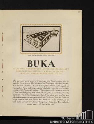 BUKA, Buch- und Kunstdruck-Aktiengesellschaft Berlin-Johannisthal, Waldstrasse 14-15, Fernruf: Oberschöneweide 732 u. 733