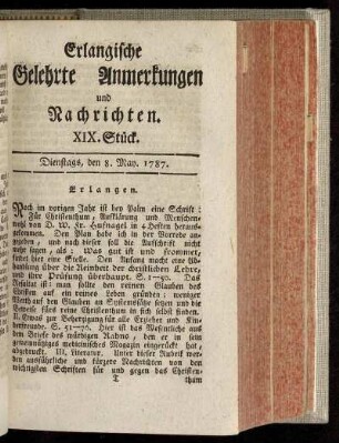 XIX. Stück. Dienstags, den 8. May. 1787.