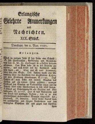 XIX. Stück. Dienstags, den 8. May. 1787.