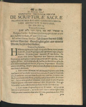 Disputatio Theologiae Biblicae. De Scripturae Sacrae Proprietatibus Ratione Causa Efficentis