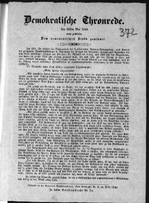 Demokratische Thronrede. Am 22sten Mai 1848 nicht gehalten. Dem demokratischen Klubb gewidmet. (Sammlung Friedlaender)