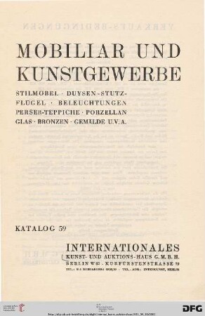 Mobiliar und Kunstgewerbe : Stilmöbel, Duysen-Stutzflügel, Beleuchtungen, Perser-Teppiche, Porzellan, Glas, Bronzen, Gemälde u. v. a. ; [11. April 1931]