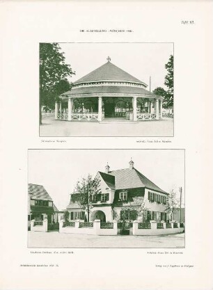 Ausstellung München 1908: Perspektivische Ansichten Altmünchner Tanzpalast und ländliches Gasthaus Zum weißen Rössl (aus: Architekt. Rundschau, hrsg.v. Eisenlohr & Weigle, 1908)