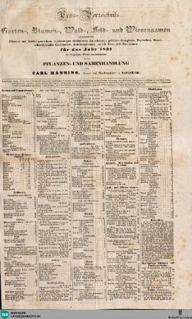 Karlsruher Zeitung, Preis-Verzeichniss von Garten,- Blumen,- Wald,- Feld- und Wiesensamen