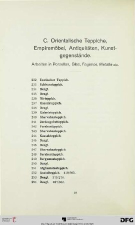 C. Orientalische Teppiche, Empiremöbel, Antiquitäten, Kunstgegenstände (Nr. 232-599)