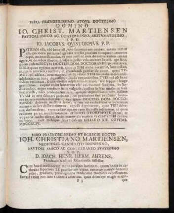 Viro. Prænobilissimo. Atque. Doctissimo Domino Io. Christ. Martiensen[...]
