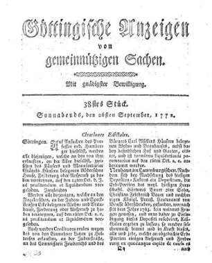 38stes Stück. Sonnabends, den 26sten September, 1772.