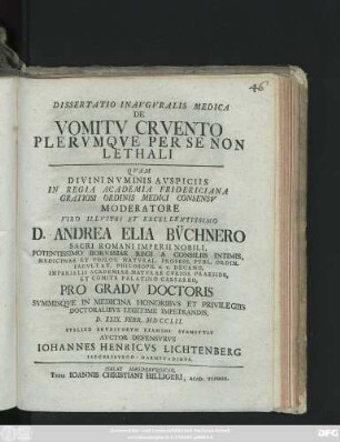 Dissertatio Inavgvralis Medica De Vomitv Crvento Plervmqve Per Se Non Lethali